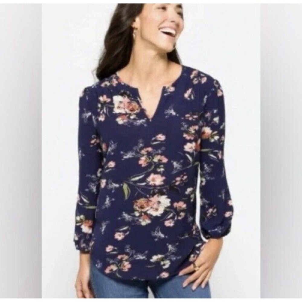 Stitch Fix Floral Top NEW Womans S‎ Long Sleeve Navy Casual Work Modest